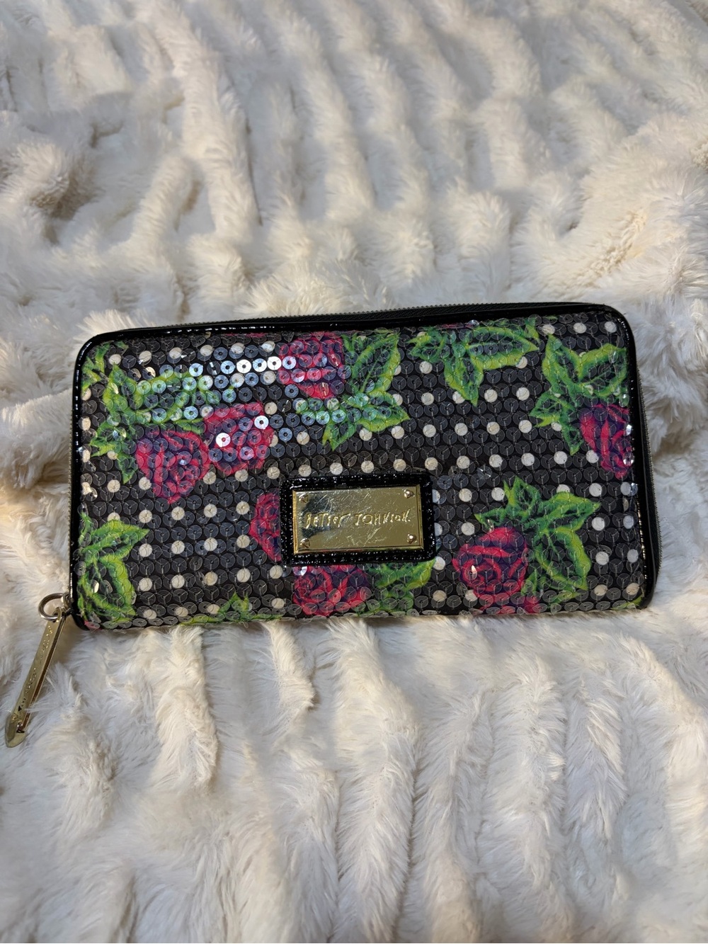 Betsey Johnson Black Sequin Rose Zip Wallet with Green Leaves